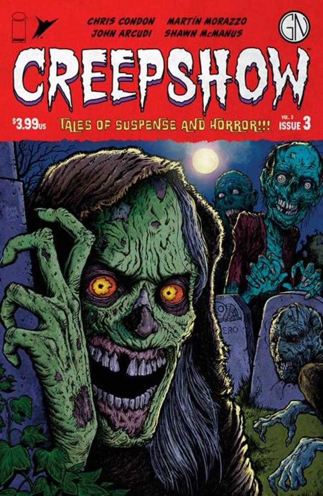 Comic book cover featuring a ghastly green zombie emerging from a cemetery with other zombies behind it.