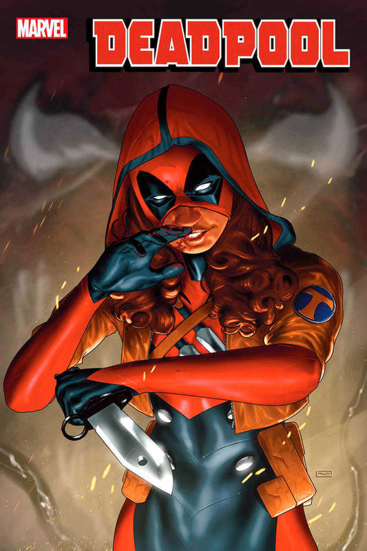 Comic book cover of female Deadpool in red suit and hood holding knife.