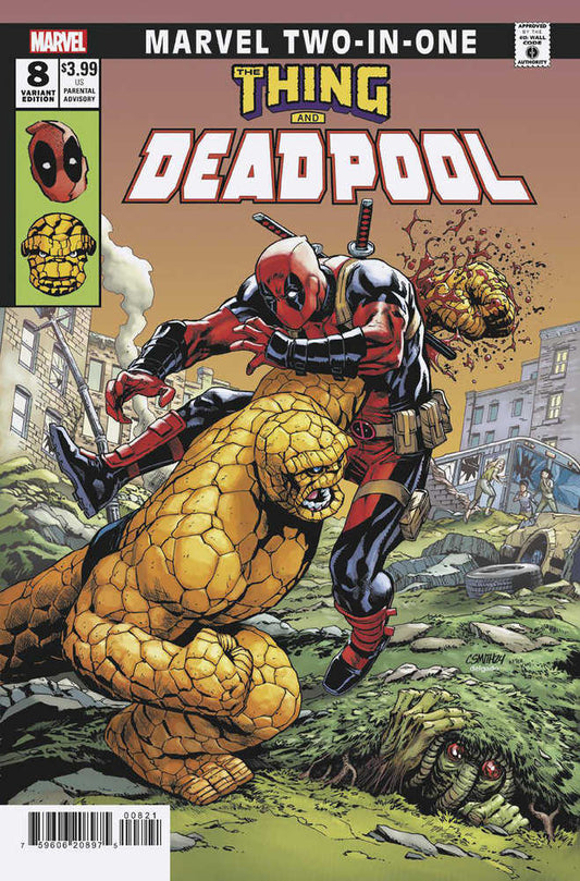 Comic book cover with Thing and Deadpool engaged in a fight.