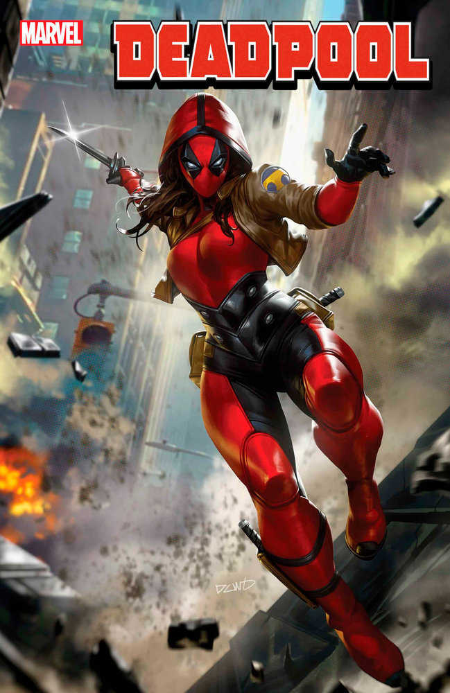 Comic book cover featuring a female version of Deadpool in a red and black suit, brown jacket, and mask, wielding a dagger in a battle scene.
