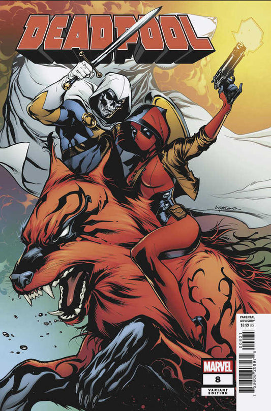 Comic book cover with Deadpool riding a large red wolf with Taskmaster wielding a sword behind her.