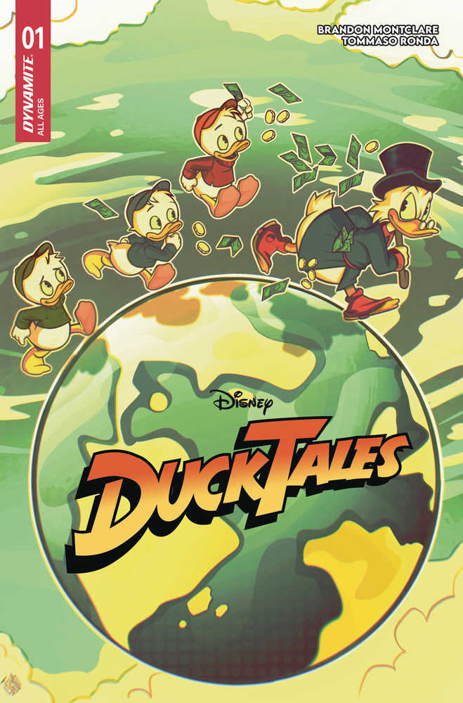 Comic book cover with the DuckTales logo over a globe. Huey, Dewey, Louie, and Scrooge McDuck are depicted running above.