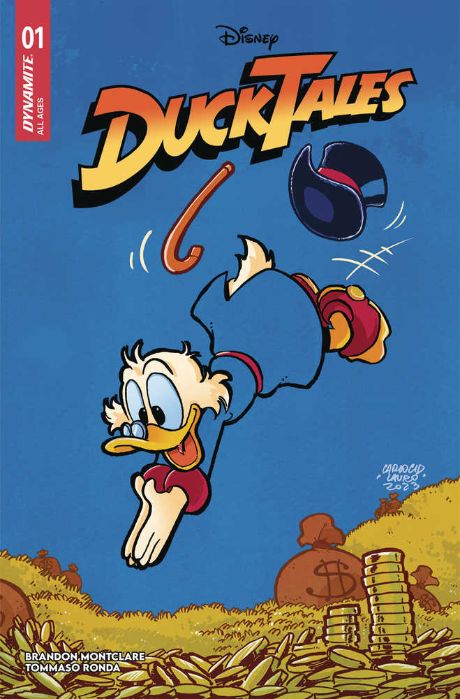 Comic book cover featuring Scrooge McDuck jumping over a pile of gold coins.