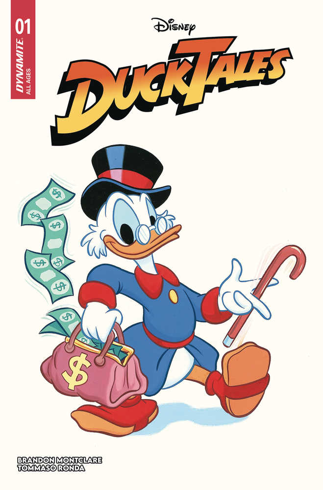 Comic book cover featuring Scrooge McDuck, wearing a blue suit, red hat and shoes, holding a bag of money and a cane.