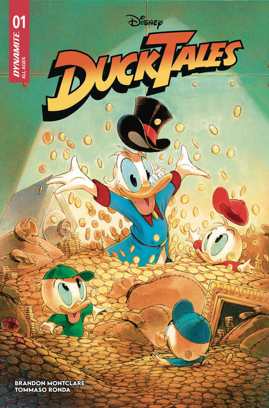 DuckTales comic book cover: Scrooge McDuck wearing a black top hat, surrounded by coins with Huey, Dewey, and Louie, in a treasure room.