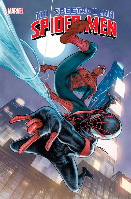 Comic book cover featuring Spider-Man and Miles Morales leaping through the air against a city backdrop.