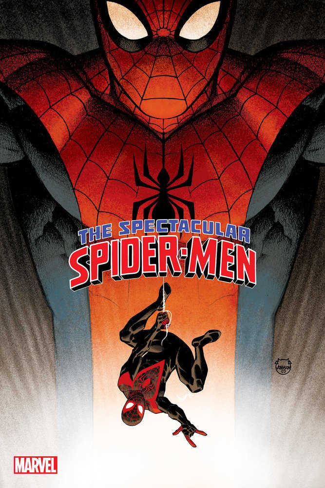 Comic book cover art featuring two Spider-Men: one large, red-suited figure in the background and a smaller, black-suited one hanging upside down. Title: "The Spectacular Spider-Men." Marvel logo in the corner.