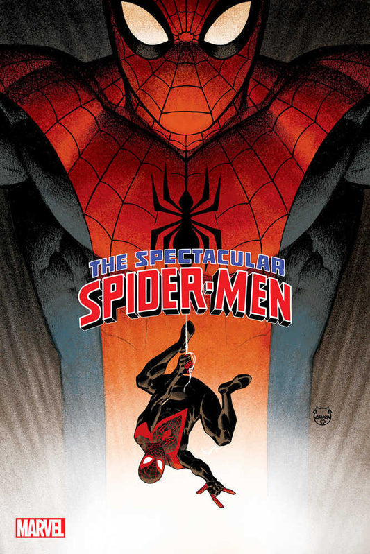 Comic book cover art featuring two Spider-Men: one large, red-suited figure in the background and a smaller, black-suited one hanging upside down. Title: "The Spectacular Spider-Men." Marvel logo in the corner.