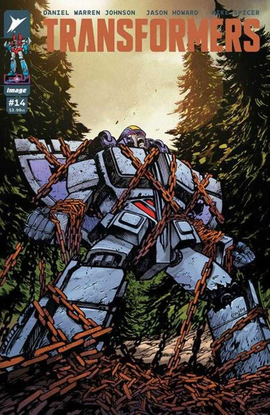 Comic book cover for Transformers #14. Features a bound, metallic robot character and a forest backdrop.