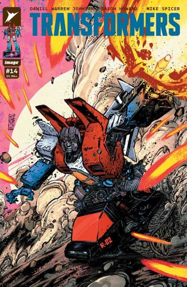 Comic book cover featuring the Transformers robot, Skywarp, with an action-packed backdrop of explosions and debris.
