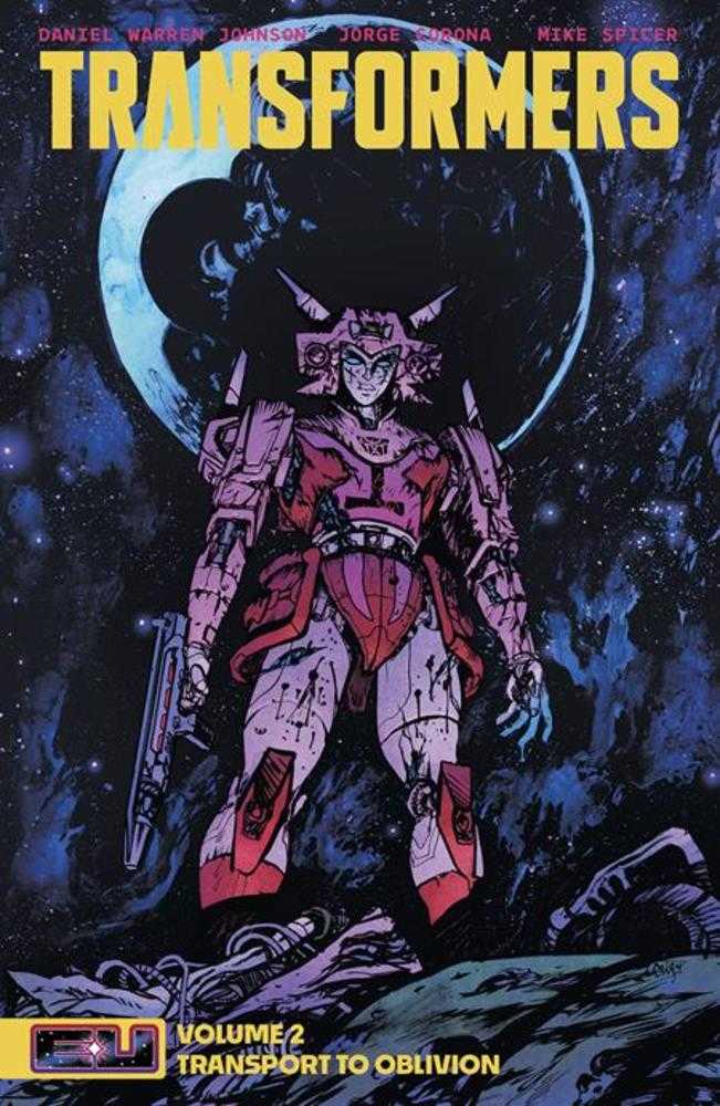 Comic book cover, Transformers Volume 2, features a pink and red robot character holding a gun, against a dark space background with a blue-lit planet.