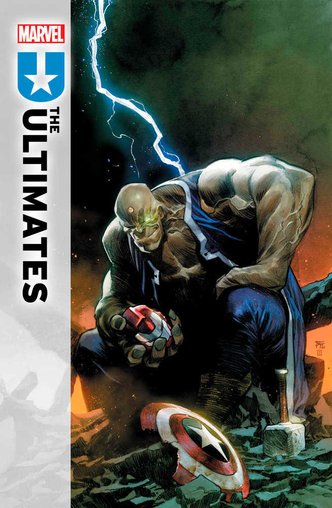 Comic book cover art: A muscular, bald figure with a glowing eye holds a crushed Iron Man helmet. Captain America's broken shield and Thor's hammer lie on the ground. Lightning flashes in the background.