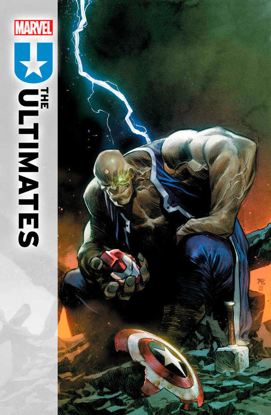 Comic book cover art: A muscular, bald figure with a glowing eye holds a crushed Iron Man helmet. Captain America's broken shield and Thor's hammer lie on the ground. Lightning flashes in the background.