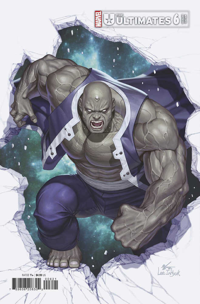 Comic book cover featuring a gray-skinned, bald man in a purple outfit bursting through a white wall, revealing a galaxy background.