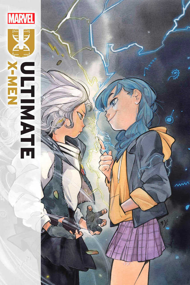 Comic book cover: Two anime-style girls face each other, one with white hair and a dark outfit, the other with blue hair and a yellow and purple outfit, lightning between them, "Ultimate X-Men" title on the side.