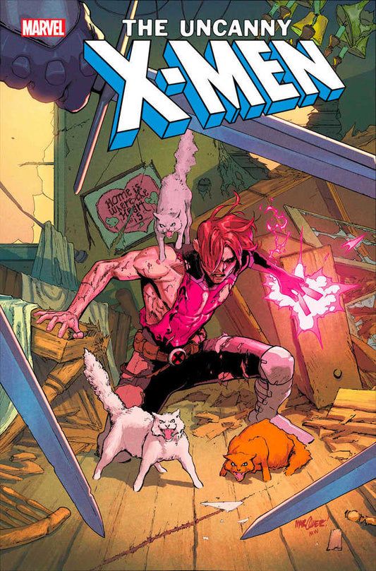 Comic book cover featuring a disheveled Gambit, surrounded by angry cats, with glowing pink energy emanating from his hand in a cluttered room amidst large swords.