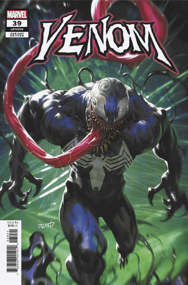 Comic book cover art: Venom, Marvel Comics issue 39, monster with long tongue.