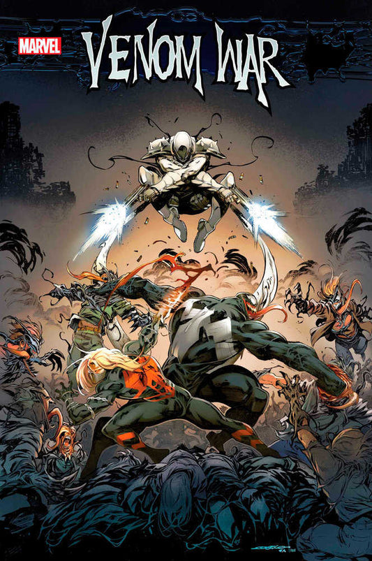 Comic book cover for "Venom War." White-armored figure flying with glowing weapons, various Venom symbiote characters engaged in combat below. Dark, gritty art style.