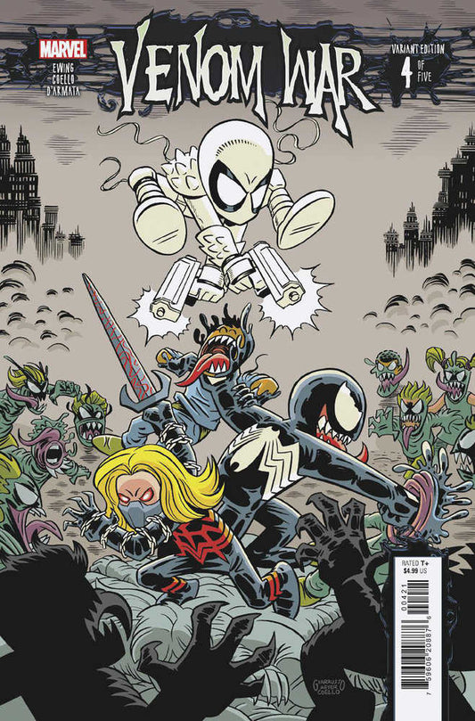 Comic book cover featuring Venom War: Variant Edition #4 of 5. Characters include a white armored figure wielding guns, a black-clad Venom figure, a blonde woman in a red-and-black costume, and several green-skinned figures with long tongues. The background features dark, stylized buildings.

