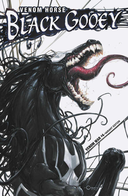 Comic book cover with a black, venomous horse creature with a long tongue.