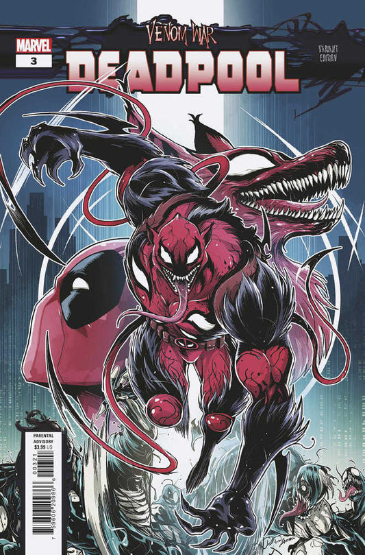 Comic book cover featuring Venomized Deadpool, "Venom War," Marvel issue #3, variant edition, red and black, city background.
