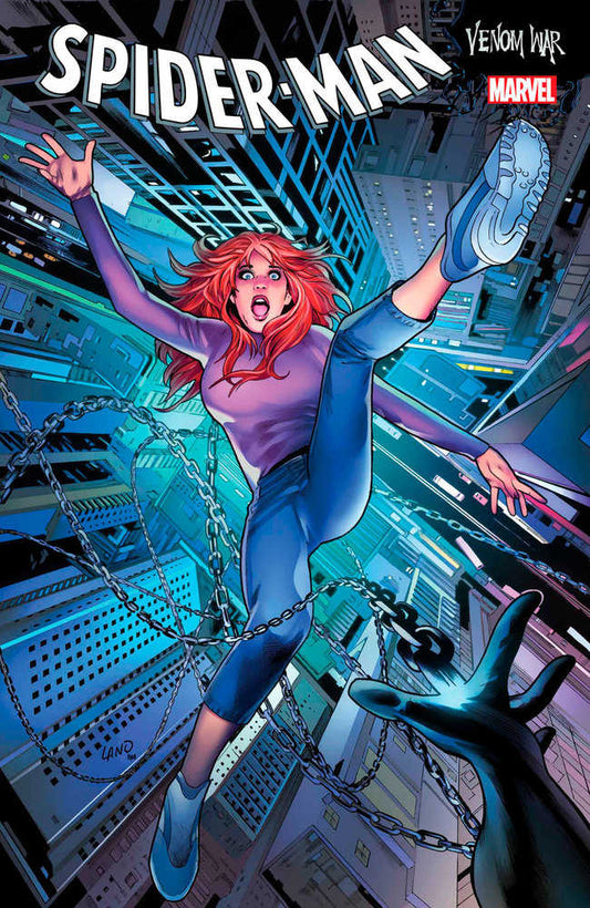 Comic book cover featuring Mary Jane Watson in a panicked pose, surrounded by chains, with a cityscape backdrop and Venom's hand reaching out.