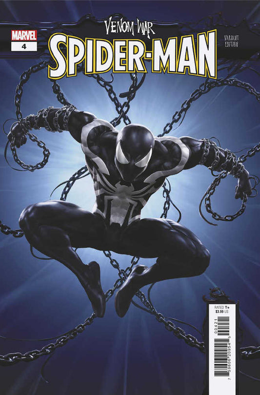 Comic book cover featuring Spider-Man in a black and white symbiote suit, restrained by chains.