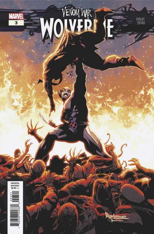 Comic book cover featuring Wolverine holding Venom aloft, standing over a pile of Venom-infected Spider-Men against an orange and yellow fiery background.