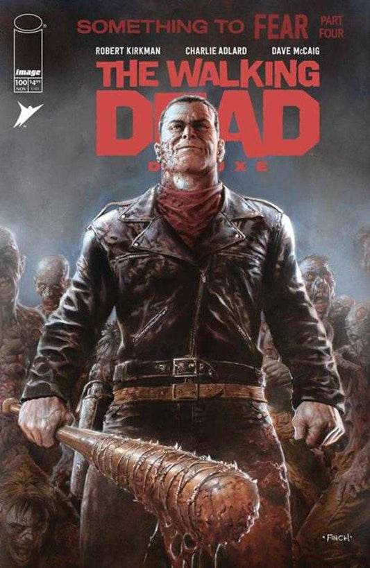 Comic book cover featuring Negan from "The Walking Dead" holding Lucille, surrounded by zombies. He is wearing a leather jacket and a red scarf.
