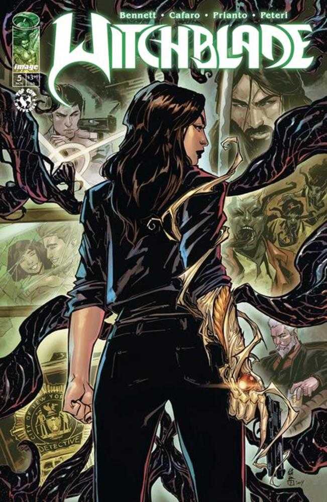 Comic book cover featuring a woman with long black hair wearing a black outfit, showing a metallic arm and holding a gun. The title "Witchblade" is visible at the top.
