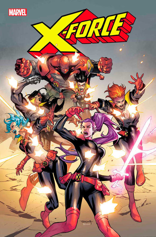 Comic book cover: X-Force team poised for action. Black and red costumes. Futuristic weaponry.