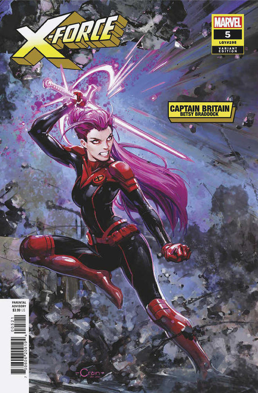 Comic book cover featuring Captain Britain Betsy Braddock. She wears a black and red suit, has pink hair, and wields a sword. The background is a mix of grey and blue tones. The title "X-Force" appears in yellow above her.