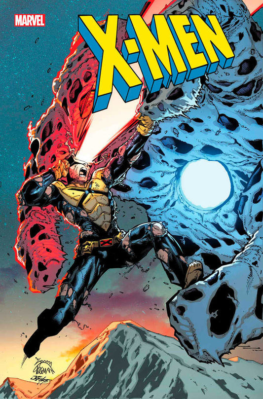 Comic book cover: Cyclops firing optic blast against a large, blue, rock-like foe, "X-MEN" logo.
