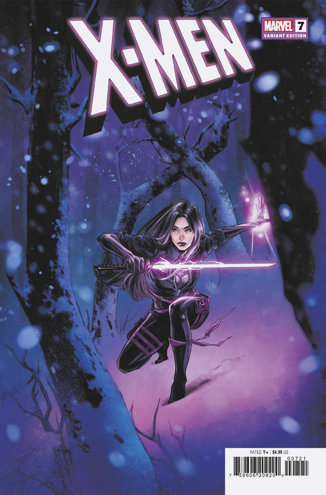 Comic book cover featuring Psylocke in a dark suit with a glowing purple sword, set against a winter forest backdrop.