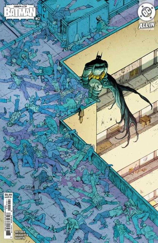 Comic book cover featuring Batman perched on a rooftop, overlooking a crowd of unconscious people lying below.