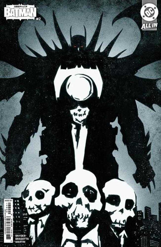 Comic book cover with Batman in silhouette, skulls, and a grayscale color scheme.