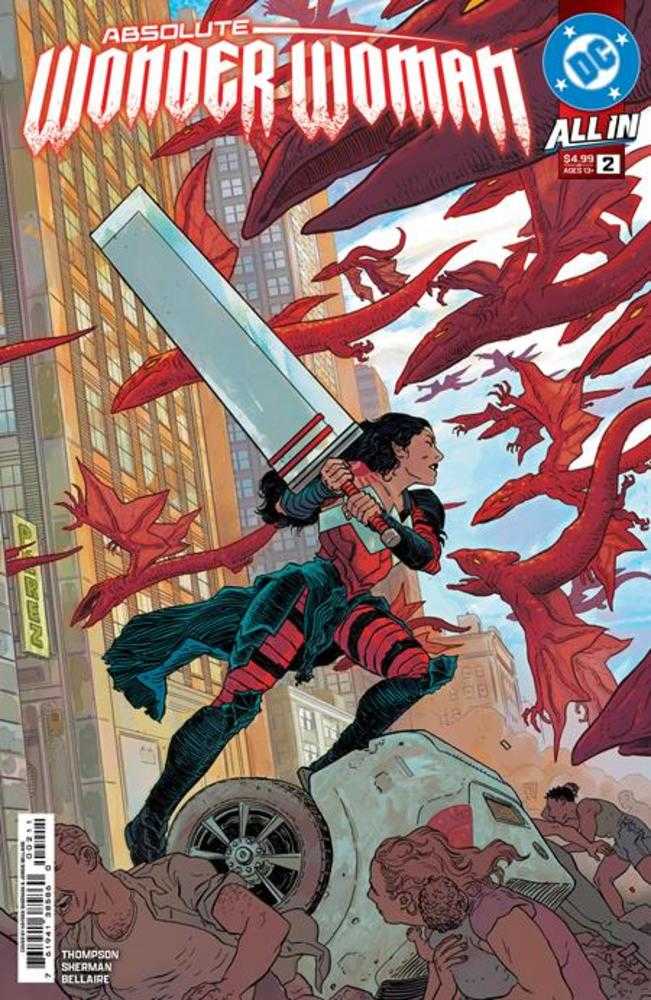 Comic book cover: "Absolute Wonder Woman: All In #2" features Wonder Woman with a large sword, red creatures, and city backdrop.