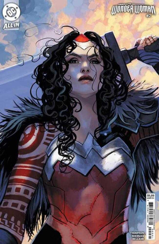 Comic book cover of Wonder Woman, with black curly hair, red and silver armored costume, holding a sword.