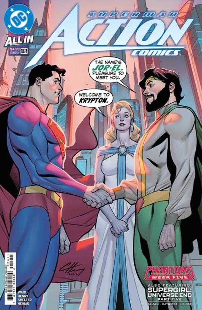 Comic book cover featuring Superman shaking hands with Jor-El, with a woman between them.