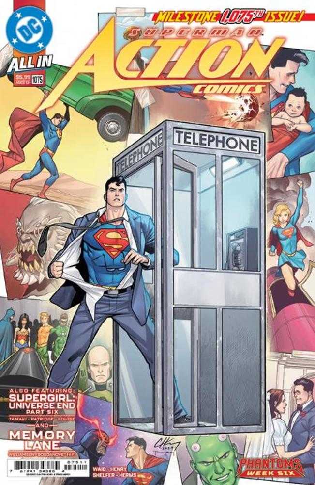 Comic book cover featuring Superman changing into his uniform in a telephone booth.