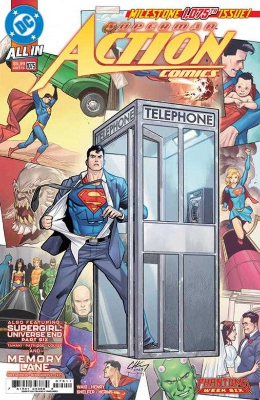 Comic book cover featuring Superman changing into his uniform in a telephone booth.