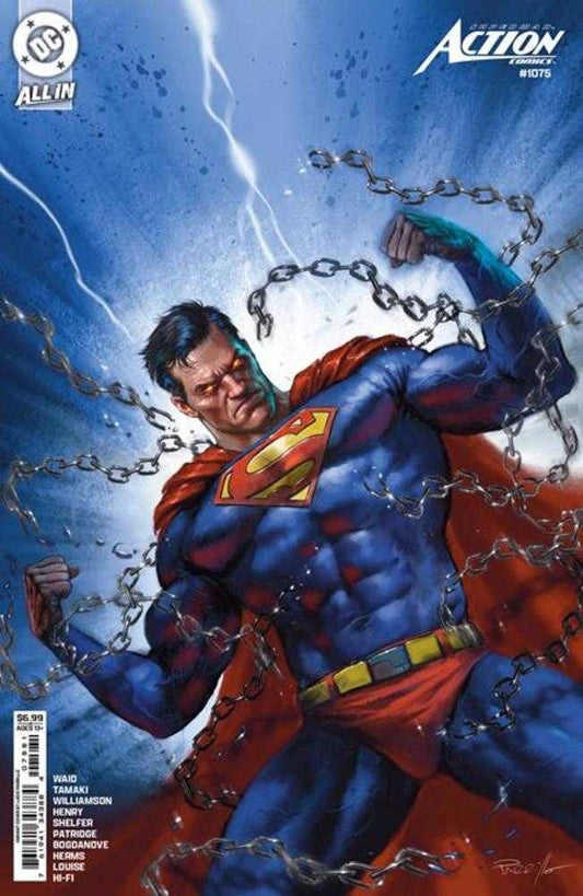 Superman flexing, breaking chains with red cape.
