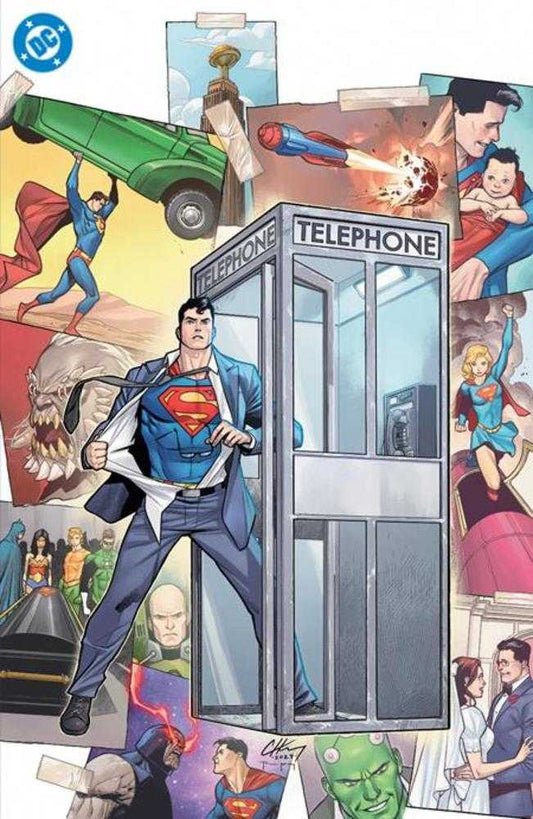 Comic book cover featuring Superman transforming in a telephone booth, surrounded by images from his history.