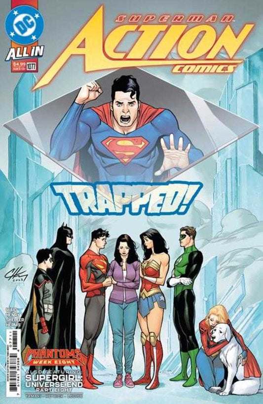 Comic book cover featuring Superman trapped above various DC characters.