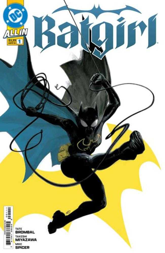 Batgirl comic book cover featuring a dynamic, full-body illustration of Batgirl in a black suit with yellow accents. Batgirl is in a leaping action pose, wielding a long rope, with a blue and grey cape and a large yellow bat symbol backdrop.
