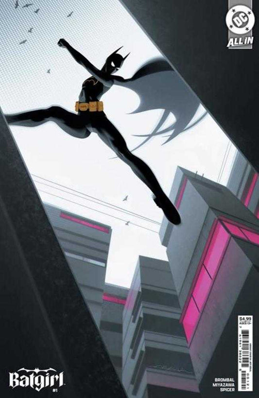 Batgirl leaping in front of city buildings. She is wearing a black suit with yellow belt and dark grey cape. Birds are in the sky. The cover is for DC ALL IN #1.