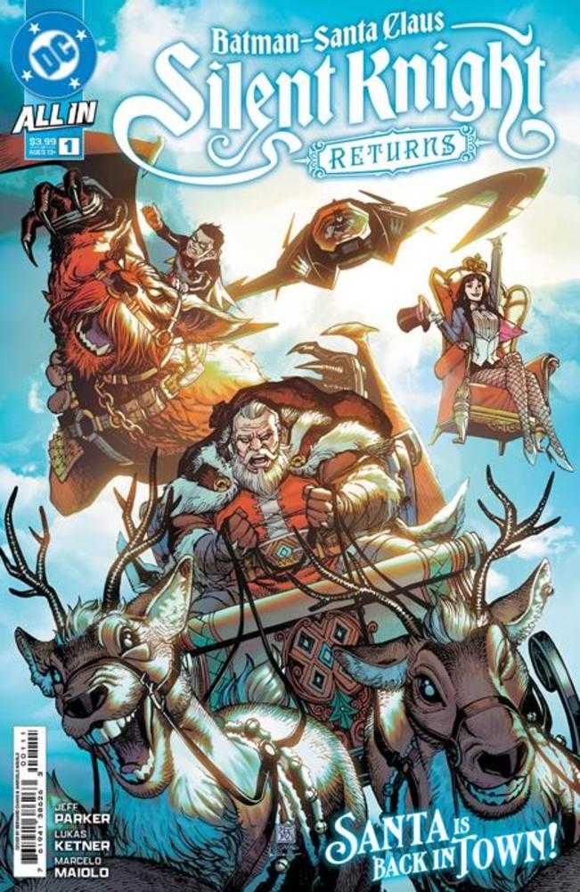 Comic book cover: "Batman - Santa Claus: Silent Knight Returns." Depicts Santa Claus leading reindeer, with Batman, Robin, and Harley Quinn riding behind. Blue sky background.