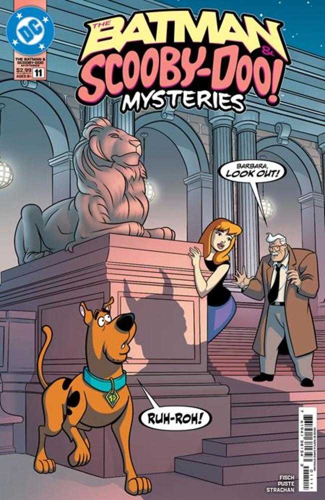 Comic book cover: "Batman & Scooby-Doo Mysteries #11" featuring Scooby-Doo, Barbara Gordon, lion statue, and a man in a brown coat.