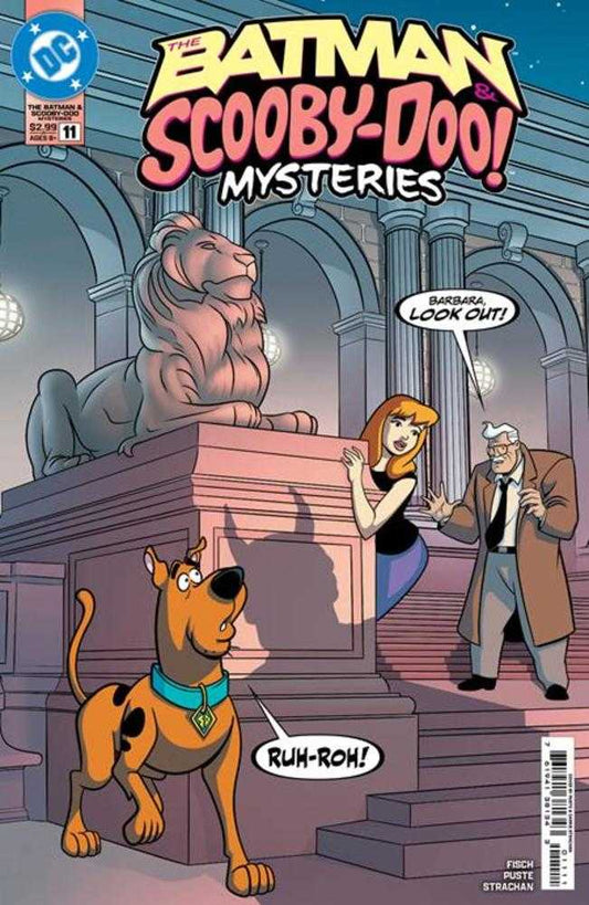 Comic book cover: "Batman & Scooby-Doo Mysteries #11" featuring Scooby-Doo, Barbara Gordon, lion statue, and a man in a brown coat.