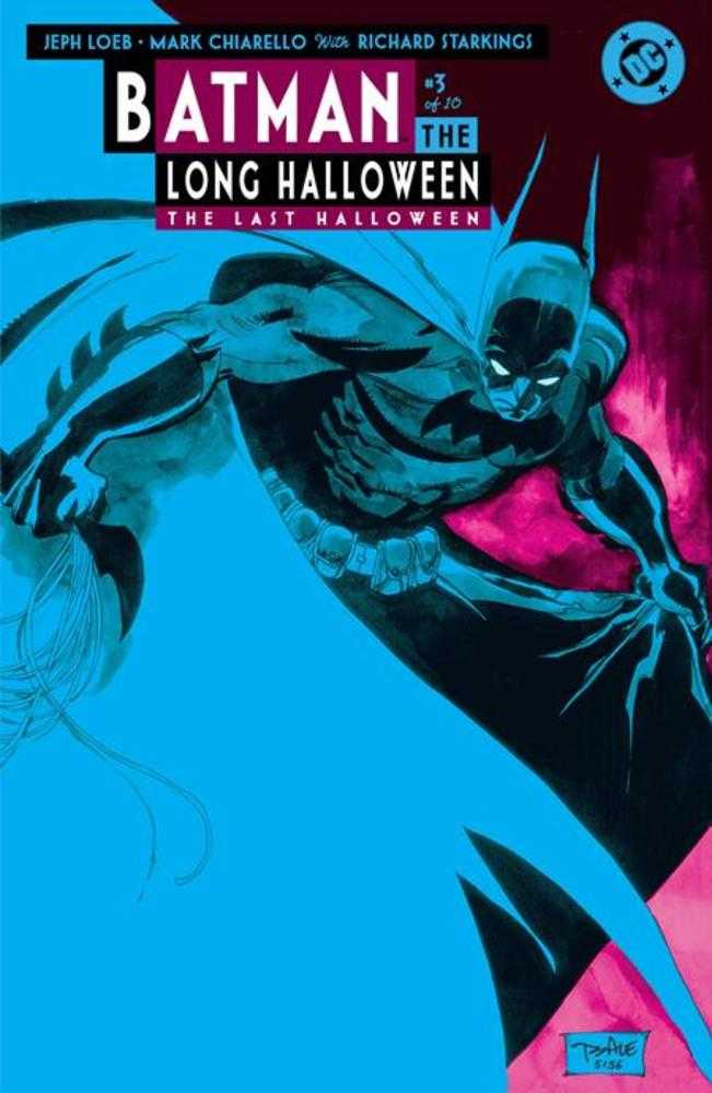 Comic book cover: "Batman: The Long Halloween, The Last Halloween," featuring a dynamic illustration of Batman. Predominant colors are turquoise and magenta, with Batman in a stylized pose, emphasizing action. The DC logo is visible in the upper right corner.